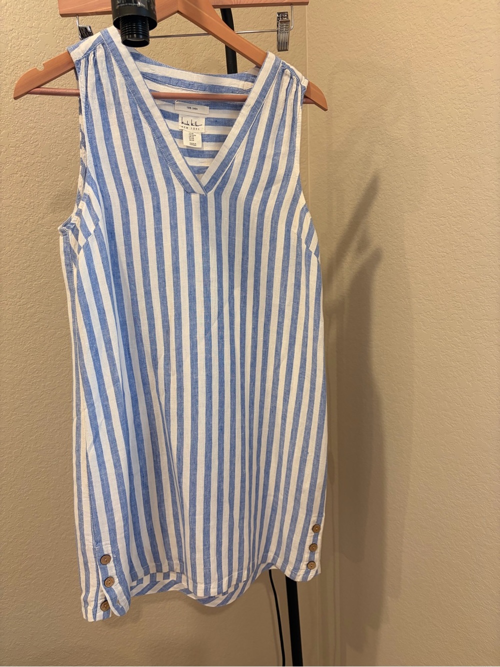 Nicole Miller Blue and White Striped Sleeveless V-Neck Dress